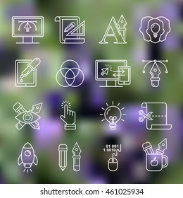Graphic design  pattern with white linear icons on blurred floral background. Line style designer background with design symbols.
