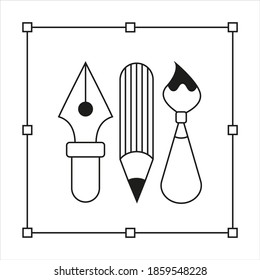 Graphic design. Pen tool, paintbrush tool, pencil tool, rectangle tool. The curve control points. Black and white design. Vector illustration isolated on white background. Banner, logo design.