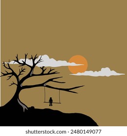 graphic design of a person playing on a swing in the middle of the night accompanied by the moon