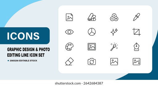 Graphic Design, Photo Editing Line Icon Set