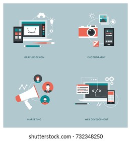 Graphic design, photography, marketing and web development concepts with icons