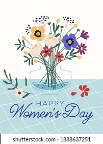 Graphic design of postcard for 8 March with Happy Women's Day inscription. Vertical greeting card with wild flower bouquet in vase and place for text. Colorful flat vector illustration