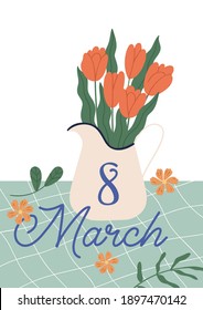 Graphic design of postcard for International Women's Day with 8 March inscription and red tulips in vase. Vertical greeting card with flower bouquet. Colorful flat vector illustration