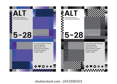 Graphic design poster gradient checkerboard shape template flyer modern color blue purple black white monochrome unique aesthetic abstract concept creative cover art geometric exhibition layout show