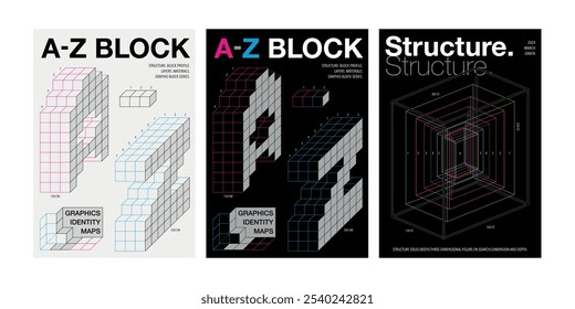 projeto gráfico cartaz conjunto conceito cubo caixa inicial A, Z 3D bloco linha quadrado hexaedro regular plano estrutura tridimensional figura sólida usar folheto web capa anual capa livro frente