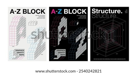 graphic design poster set concept cube box initial A, Z 3D block line square regular hexahedron blueprint three-dimensional structure solid figure use flyer web annual cover exhibition book front