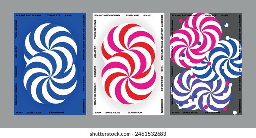 Graphic design poster templates set with a delicious dessert vibe that swirls and spins lollipop roll round and round circle spinning twirl flyer poster collection unique brand exhibition invitation
