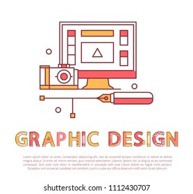 Graphic design poster and text sample, headline with screen of computer showing application, working process, camera tool set vector illustration