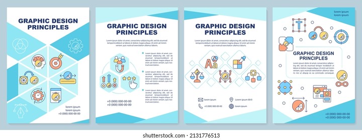 Graphic design principles blue brochure template. Content production. Leaflet design with linear icons. 4 vector layouts for presentation, annual reports. Arial-Black, Myriad Pro-Regular fonts used