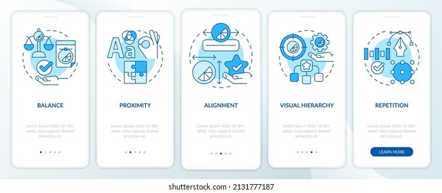 Principios de diseño gráfico pantalla azul de aplicación móvil. Recorrido de trabajo artístico 5 pasos de páginas de instrucciones gráficas con conceptos lineales. UI, UX, plantilla GUI. Multitud de tipos de letra Pro-Bold, con uso regular
