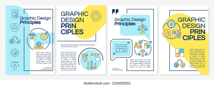 Graphic design principles blue and yellow brochure template. Content production. Leaflet design with linear icons. 4 vector layouts for presentation, annual reports. Questrial, Lato-Regular fonts used
