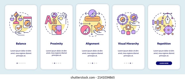 Graphic design principles onboarding mobile app screen. Art work walkthrough 5 steps graphic instructions pages with linear concepts. UI, UX, GUI template. Myriad Pro-Bold, Regular fonts used