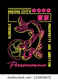 A graphic design for print and posters featuring a neon outlined koi fish illustration with a accompanying slogan and the translation of a Japanese word into English is Tokyo