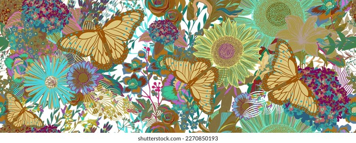 Graphic design print. Seamless pattern flowers and butterflies. Vector illustration