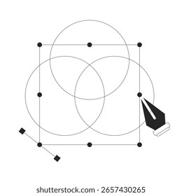 Proceso de Diseño gráfico en la ilustración de ui de incorporación de línea RGB. Círculos superpuestos con nodos de Vector y curvas bezier, concepto de contorno de herramienta de pluma 2D aislado. Arte vectorial de metáfora lineal de tinta