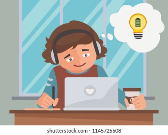 Graphic design professional or Bearded man freelancer designer in headphones working on laptop at table with mug.Vector Illustration. Isolated character  designer studio workshop office background