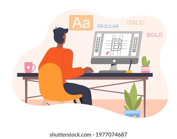 Graphic design professional in the middle of workflow in graphic editor application. Home Office concept. Freelancer lifestyle. Flat cartoon vector illustration design. Isolated on white background