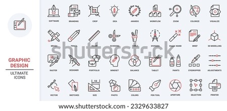 Graphic design red black thin line icons set vector illustration. Tools for creative projects of designer, software and stationery for interface panel in mobile app, pack for creators portfolio.