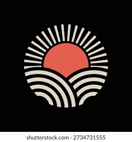 A graphic design of a red sun with black outline, surrounded by white lines radiating outward, set against a black background with wavy white lines below, creating a stylized sunrise or sunset effect