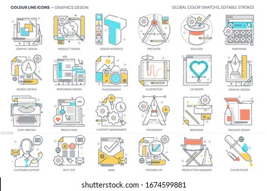 Graphic design related, color line, vector icon, illustration set. The set is about corporate identity, graphic design, illustration, web, product design.