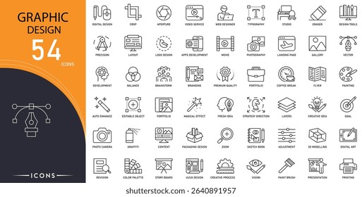 Graphic design related icon collections. Containing creativity, layout, tools, vector, typography, color, branding, illustration, software, and concept icons. Editable Stroke. Outline icons.