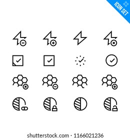 Graphic Design Related Icon set. Contains such Icons as Flash, Approve, Cells, Contrast. Vector Flat Icon Set in Line Style for Mobile application or Web site.