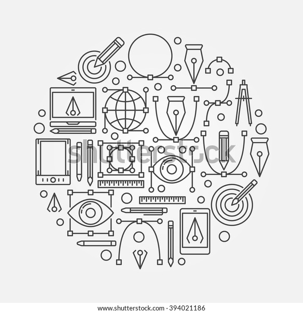 Graphic design
round linear illustration - vector designer symbol made with thin
line icons. Creative process
design