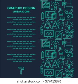 Graphic design seamless pattern with bright linear icons on black. Line style designer background with place for text.