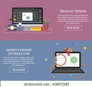 Graphic design and search engine optimization website banner/vector flat illustration.