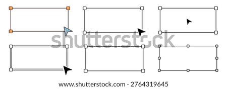 Graphic design selection tool icons with rectangular bounding boxes and cursors. Screen capture interface sticker design set. Screenshot frame scale resize. Vector illustration transparent background