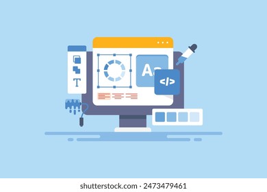 Graphic design service. Website designing, Web development company, Graphic design software - vector illustration background with icons