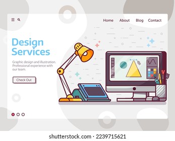 Graphic design services web banner with illustration artist workspace with tools and equipment. Digital drawing landing page template in line art.