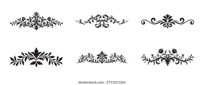 A graphic design set featuring six distinct black ornate vintage floral decorative border elements, perfect for elegant invitations, scrapbooking, and classic design projects, isolated on white.