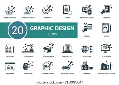 Graphic Design set icon. Contains graphic design illustrations such as interface design, details, ux design and more.