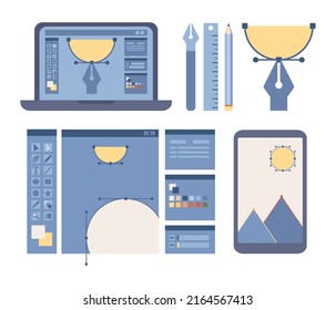 Icono de conjunto de diseño gráfico. Firma de herramientas y elementos de diseñador gráfico. Ilustración plana del vector 