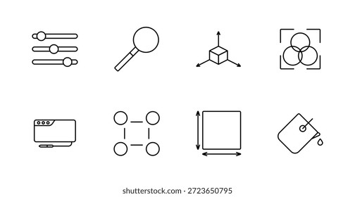 Icono de conjunto de Diseños gráficos. Slider, lupa, cubo 3D, teoría de color, interfaz, alineación, dimensiones, paleta, herramientas para diseño, ajuste, edición visual.