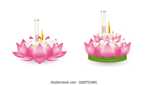 Graphic design set Krathong, lotus, banana green leaf material. Loy Krathong festival in Thailand.