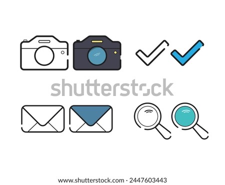 Graphic design. Set of pixel-perfect icons. Flat color style. Variety of unique visual metaphors suitable for wide range of uses