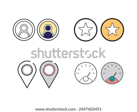 Graphic design. Set of pixel-perfect icons. Flat color style. Variety of unique visual metaphors suitable for wide range of uses