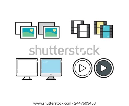 Graphic design. Set of pixel-perfect icons. Flat color style. Variety of unique visual metaphors suitable for wide range of uses