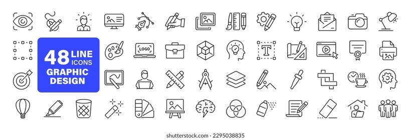 Graphic Design set of web icons in line style. Graphic design icons for web and mobile app. Digital art, creativity, tools, drawing, portfolio, creative process. Vector illustration