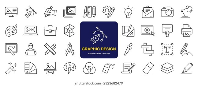 Conjunto de diseño gráfico de iconos web en estilo de línea. Iconos de diseño gráfico para aplicaciones web y móviles. Arte digital, creatividad, herramientas, dibujo, portafolio, proceso creativo. Ilustración del vector