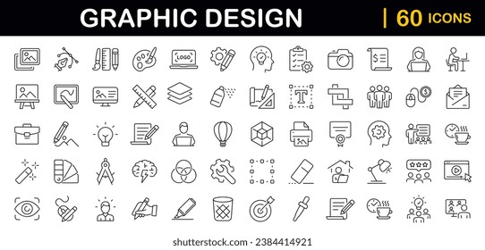 Conjunto de diseño gráfico de iconos web en estilo de línea. Iconos de diseño gráfico para aplicaciones web y móviles. Arte digital, creatividad, herramientas, dibujo, portafolio, proceso creativo. Ilustración del vector