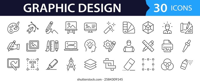 Graphic Design set of web icons in line style. Graphic design icons for web and mobile app. Digital art, creativity, tools, drawing, portfolio, creative process. Vector illustration