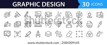 Graphic Design set of web icons in line style. Graphic design icons for web and mobile app. Digital art, creativity, tools, drawing, portfolio, creative process. Vector illustration