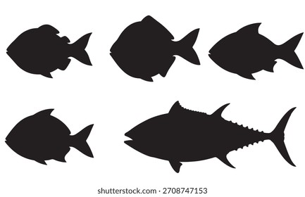 Un Diseño gráfico que muestra varias Formas de pescado como siluetas negras sobre un fondo blanco, presentado en un estilo de Vector limpio.