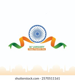 Graphic design showing Republic Day celebration with a central Ashoka Chakra and India's tricolor ribbon, commemorating January 26th with iconic national elements and vibrant graphics reflecting India