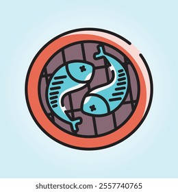 A graphic design showing two turquoise fish on a brown grid inside a reddish circle.  A simple, colorful illustration.