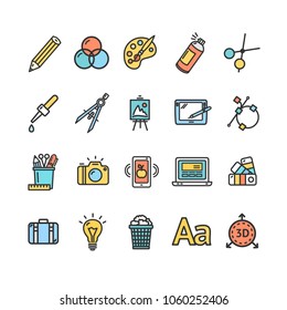 Graphic Design Signs Color Thin Line Icon Set Include of Lamp Bulb and Scissors. Vector illustration of Icons