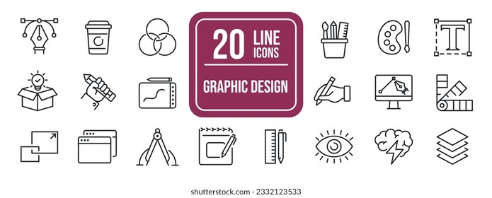 Graphic design simple minimal thin line icons. Related graphic desiigner creativity, tools, drawing. Vector illustration.